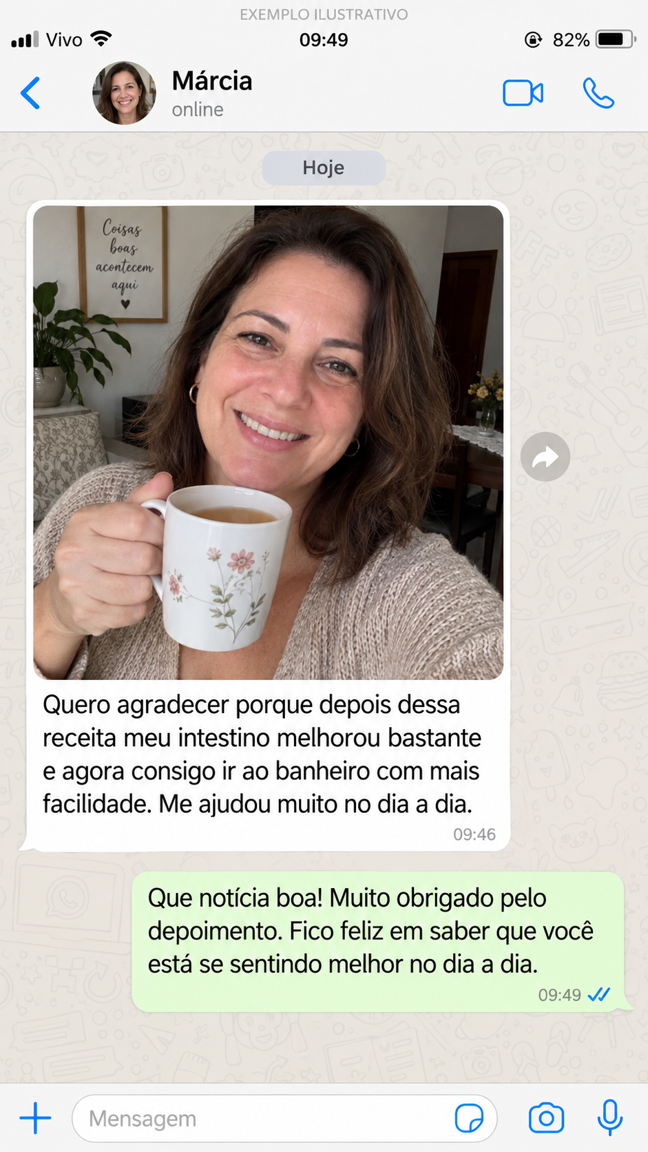 Relato compartilhado por mensagem sobre rotina e bem-estar intestinal