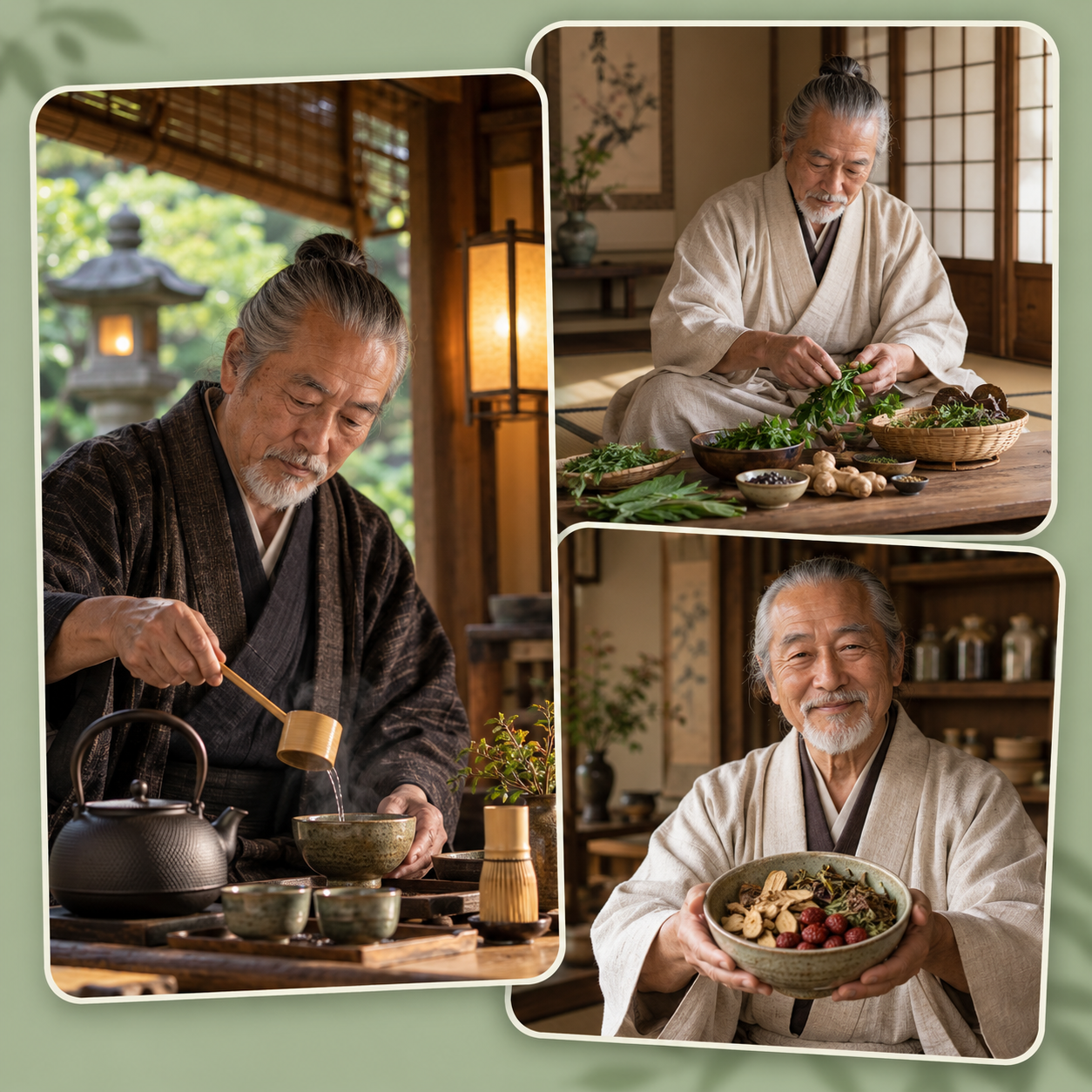 Mestre Kenzo Takeda preparando chás e ervas tradicionais japonesas