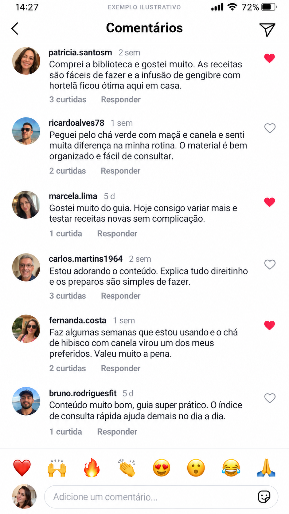 Relatos compartilhados em uma publicação sobre receitas e rotina